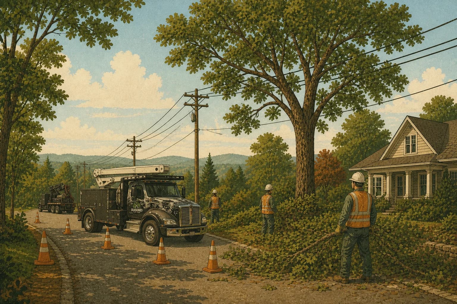 Editorial illustration of a tree near utility lines with a utility crew and protected roadside work zone